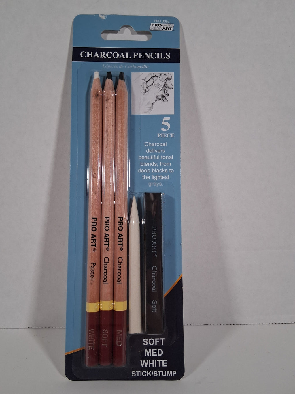 Pro Art 5-Piece Charcoal Pencil Set – Soft, Medium, White & Blending Stump
