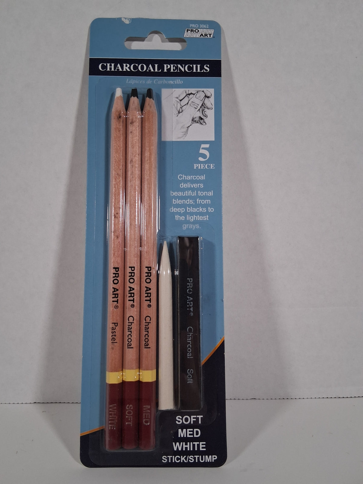 Pro Art 5-Piece Charcoal Pencil Set – Soft, Medium, White & Blending Stump